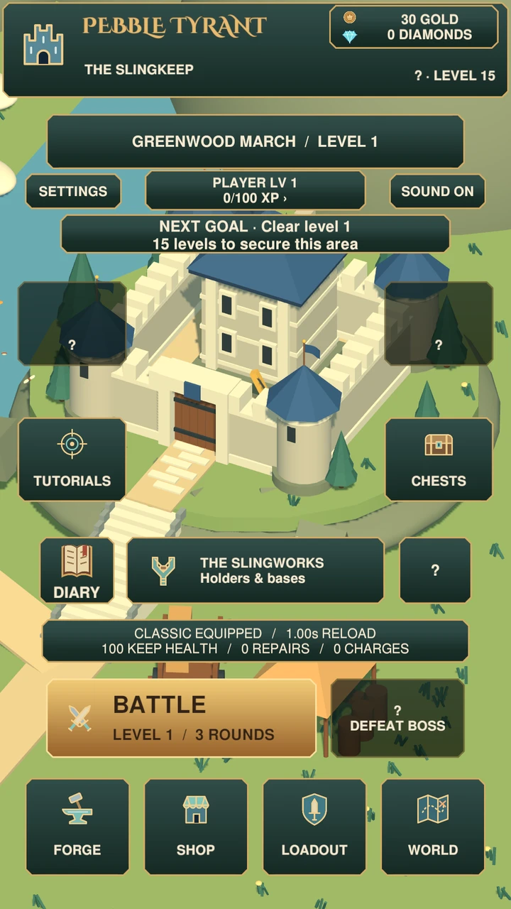 Briarwatch in the game: a low-poly stone keep with blue roofs, surrounded by the forge, loadout and battle controls