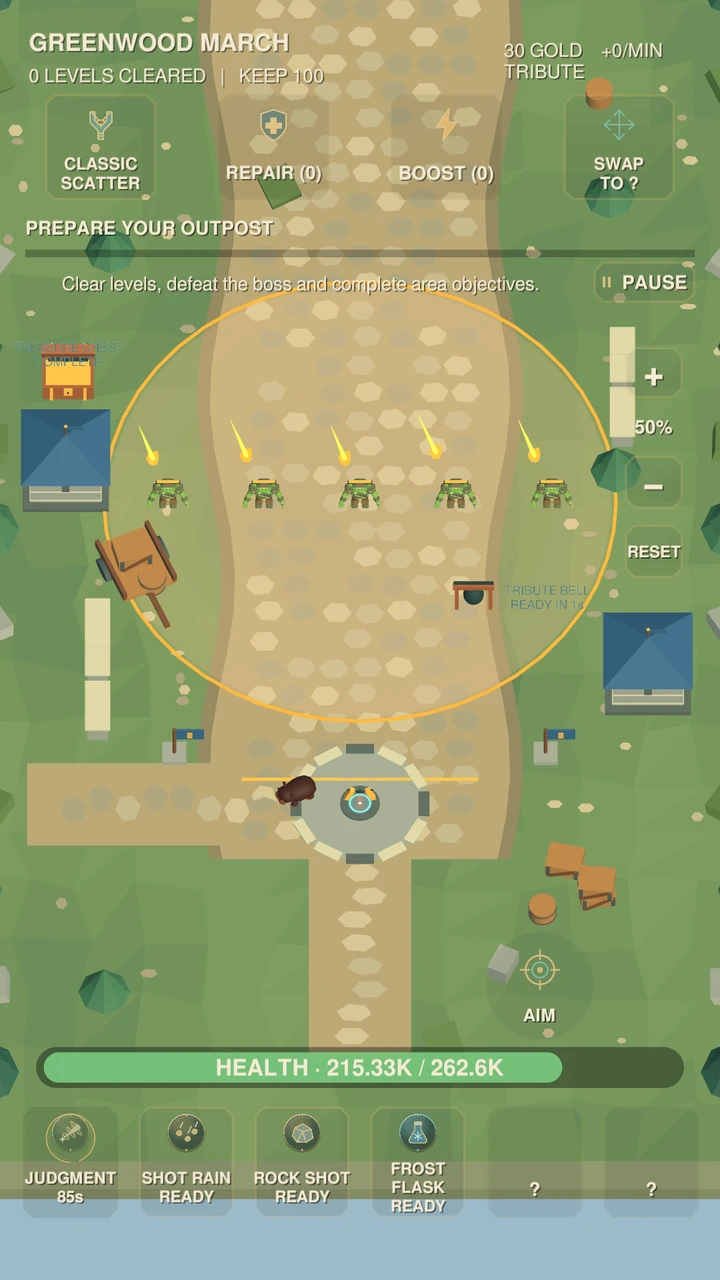 Gameplay in Greenwood March: projectiles fall on a row of orcs approaching the slingshot, with Sir Nibbles beside it